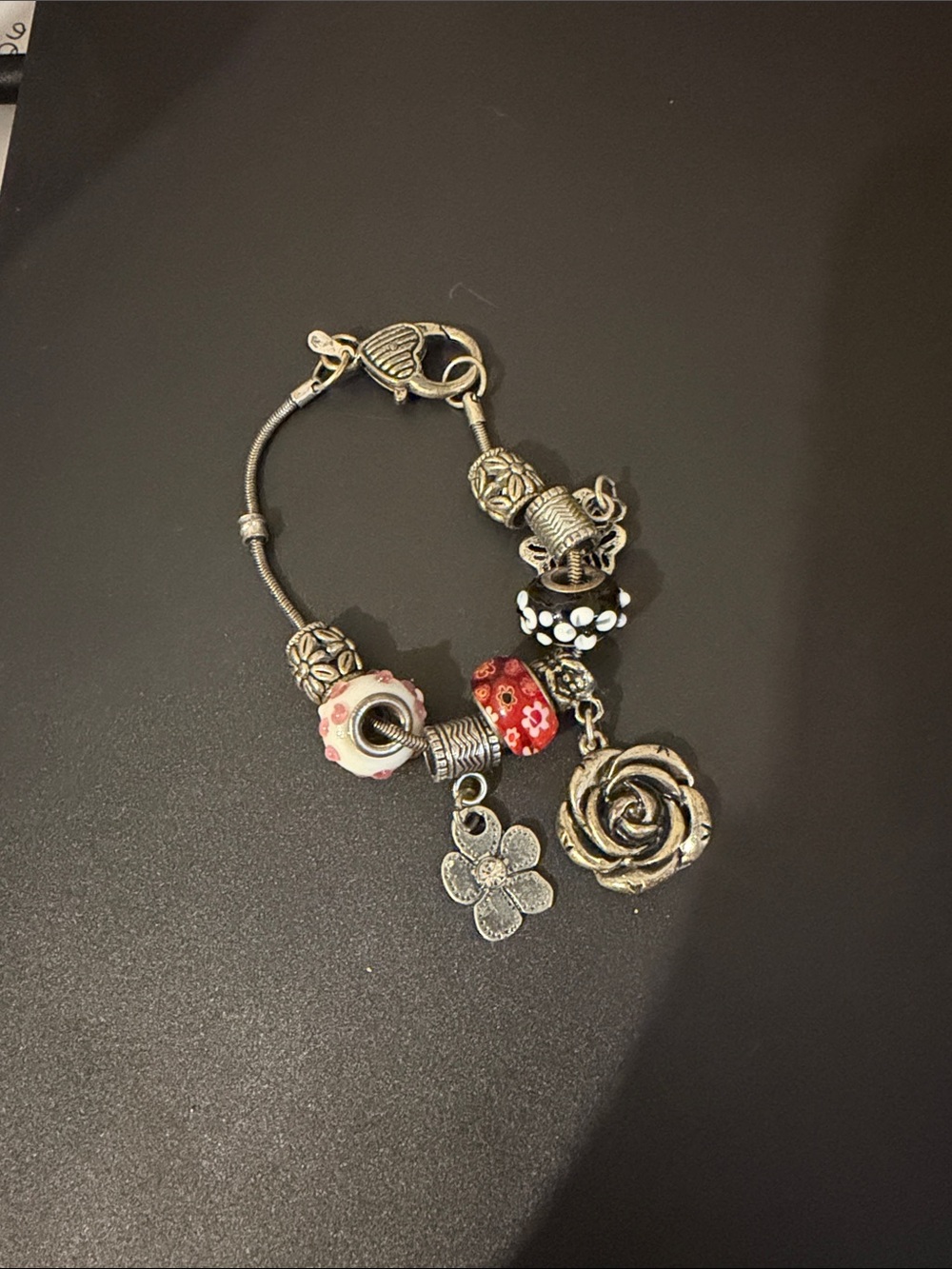 Silver-Tone Floral Charm Bracelet with Pink and Red Beads
